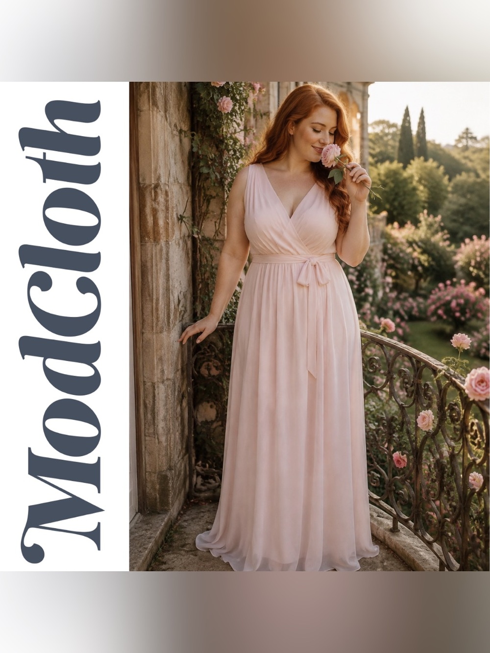 ModCloth Blush Pink Effortless Elegance Faux Wrap Chiffon Dress, Size 16-18, NWT